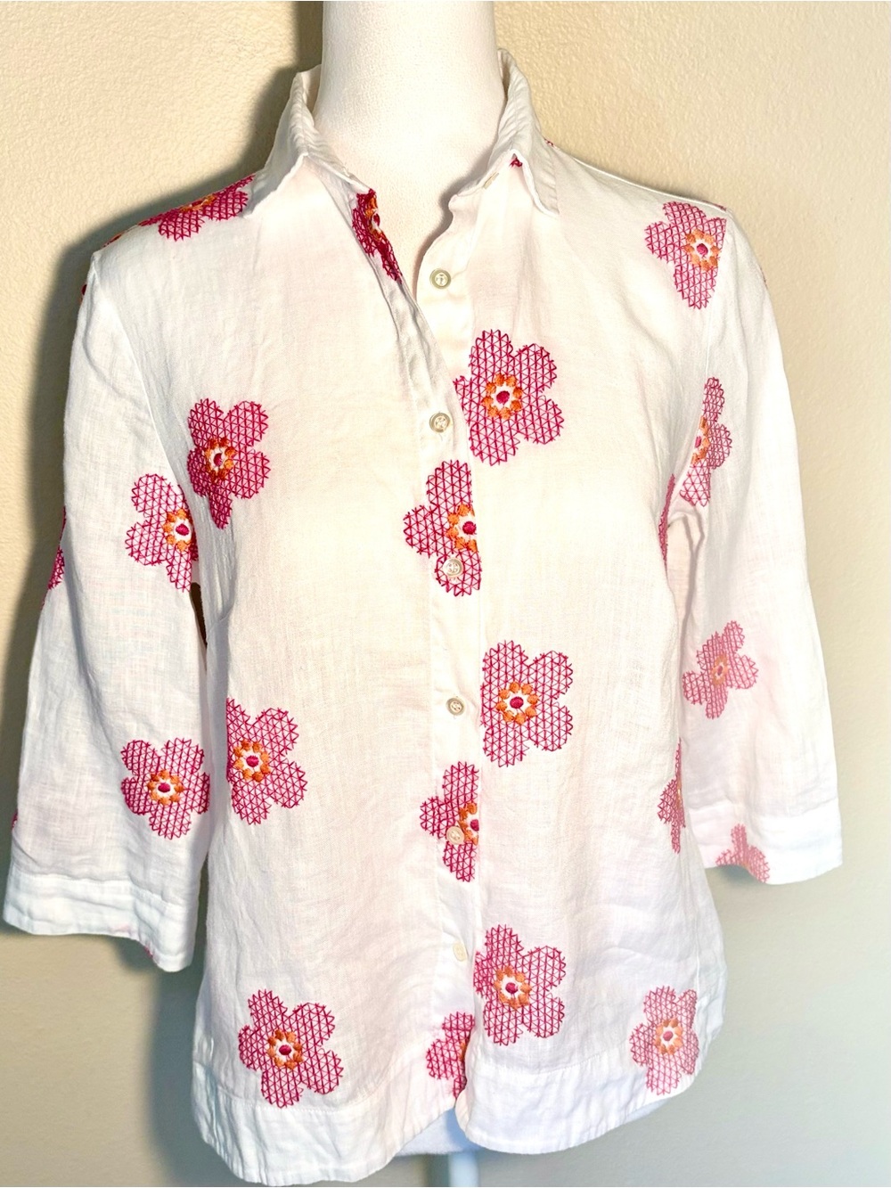White Button-Up 100% Linen Shirt with Pink Floral Embroidery